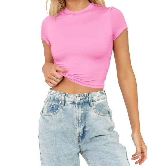 YEJIMAN Pink Tank Top For Women, cotton Womens Shirts, Women's Fashion Summer Short Sleeve Cute Crop Tops Casual Basic Crewneck Slim Fit T Shirts