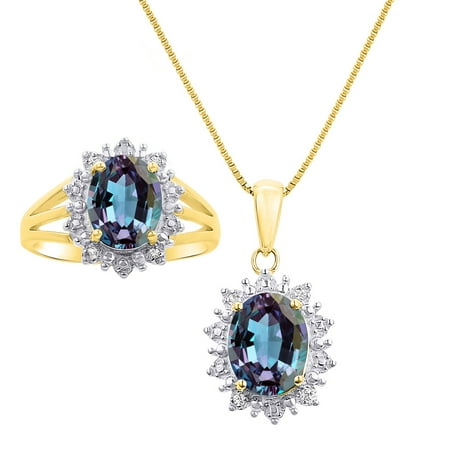 - Princess Diana Inspired Halo Diamond & Simulated Alexandrite Matching Pendant Necklace and Ring Set In Yellow Gold Plated Silver with 18