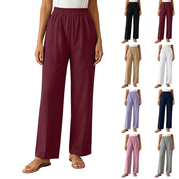 Thousandth Womens Pull On Wide Leg Pants Casual Crinkle Textured Loose Fit Lounge Trousers Trendy Beach Vacation Wear for Women