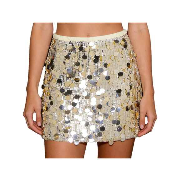 Raenseen Womens Shiny Allover Sequin Bodycon Skirt Elastic Waisted Party Going Out Mini Skirts Gold One Size