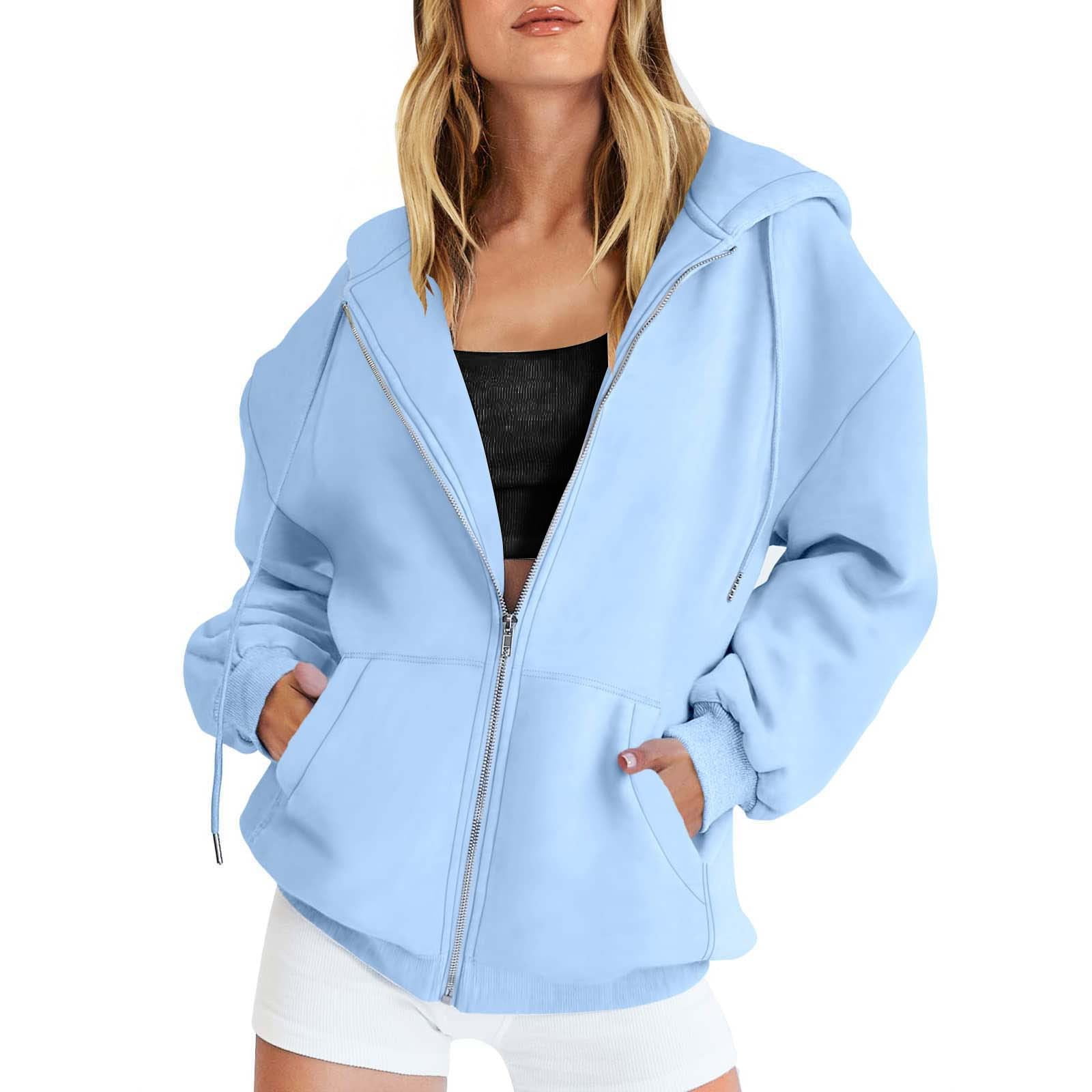 Dyfzdhu Zip up Hoodie for Women Fall Oversized Sweatshirt With Pocket Casual Drawstring Solid Color Long Sleeve Jacket Sky Blue Walmart