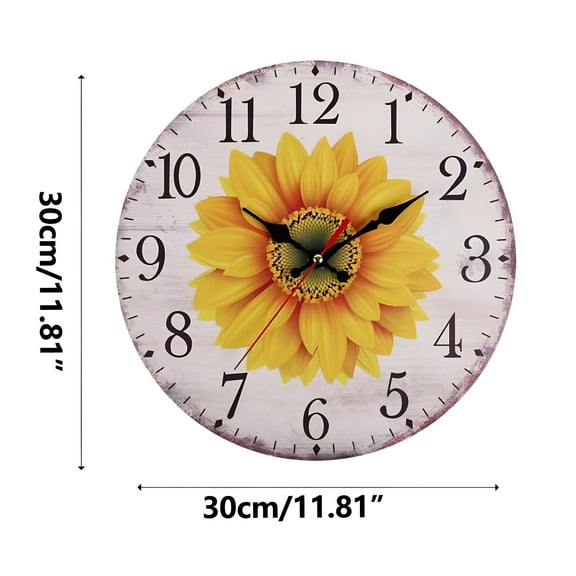 LAMIRO Yellow Sunflower Wooden Wall Clock Silent Non-Ticking,Flower Summer Wood Vintage Round Rustic Wall Clocks Decor For Home Kitchen Living Room Office,Battery Operated