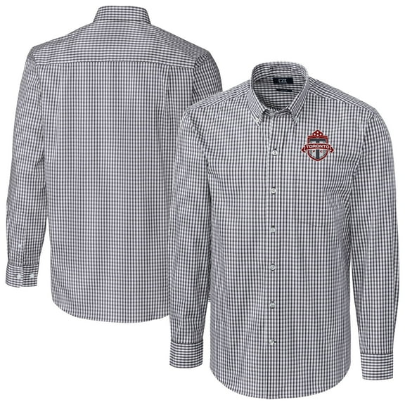 Men's-Cutter & Buck Charcoal Toronto FC Easy Care Stretch Gingham Long Sleeve Button-Down Shirt