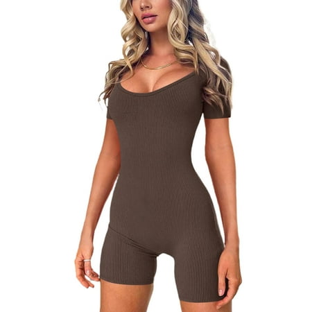 

Carolilly Women Summer Solid Ribbed Bodycon Jumpsuits Casual Fitness Basic Short Sleeve Rompers Playsuit Activity Streetwear Overalls