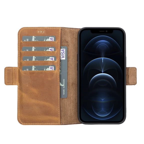 iPhone 13 Flip Cover Full Grain Leather Wallet Case with Kickstand Feature