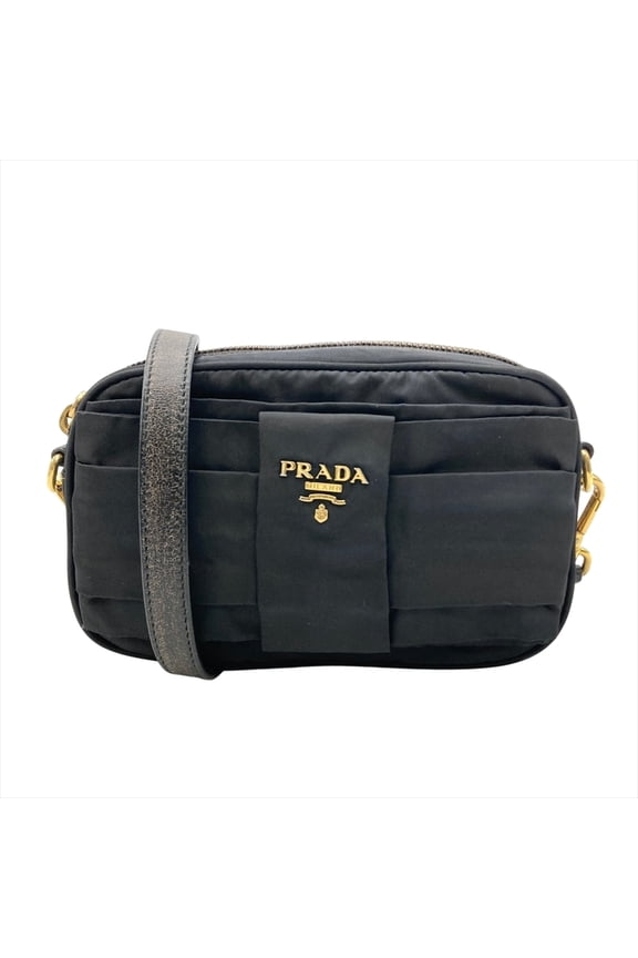 Pre-Owned Prada PRADA Ribbon Motif Mini Shoulder Bag Nylon BP0166 Black Handbag Pouch
