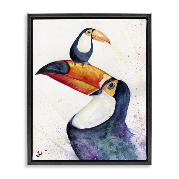Stupell Industries Eclectic Toucan Baby & Mother Perched Black Floating Frame Canvas Art, 25 x 31, by Marc Allante