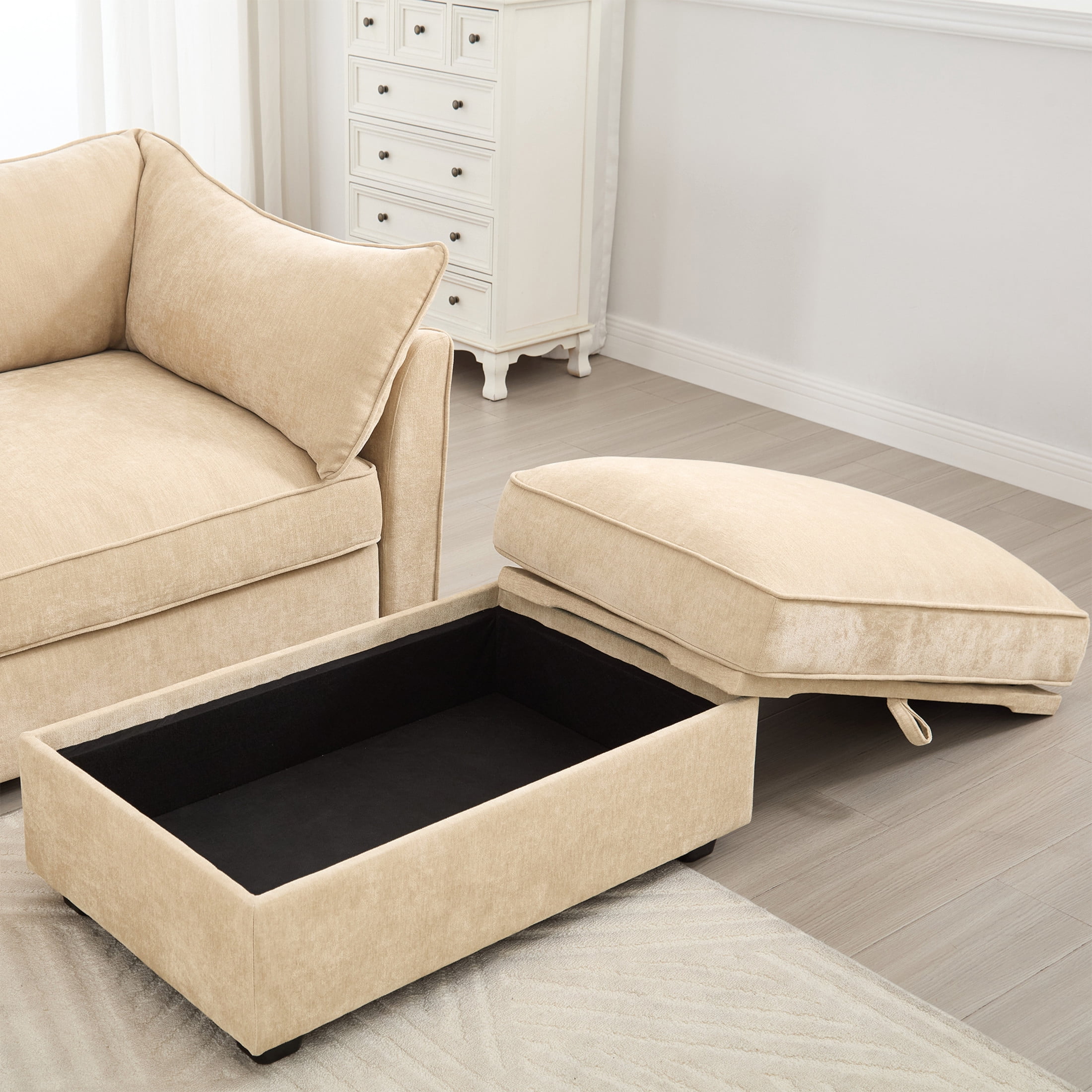 Noble House 3-Seater Sofa with Pull-Out Drawers, Crescent Armrests, and Wraparound Back & Arm Cushions, Chenille Fabric, Wheat