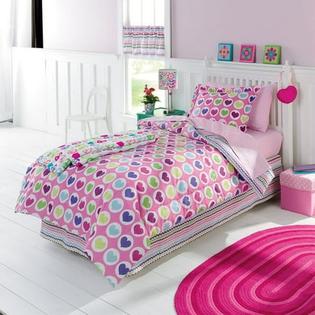 Girls Twin Bed in a Bag Colorful Hearts Comforter Set Sheets Sham 5 pc ...