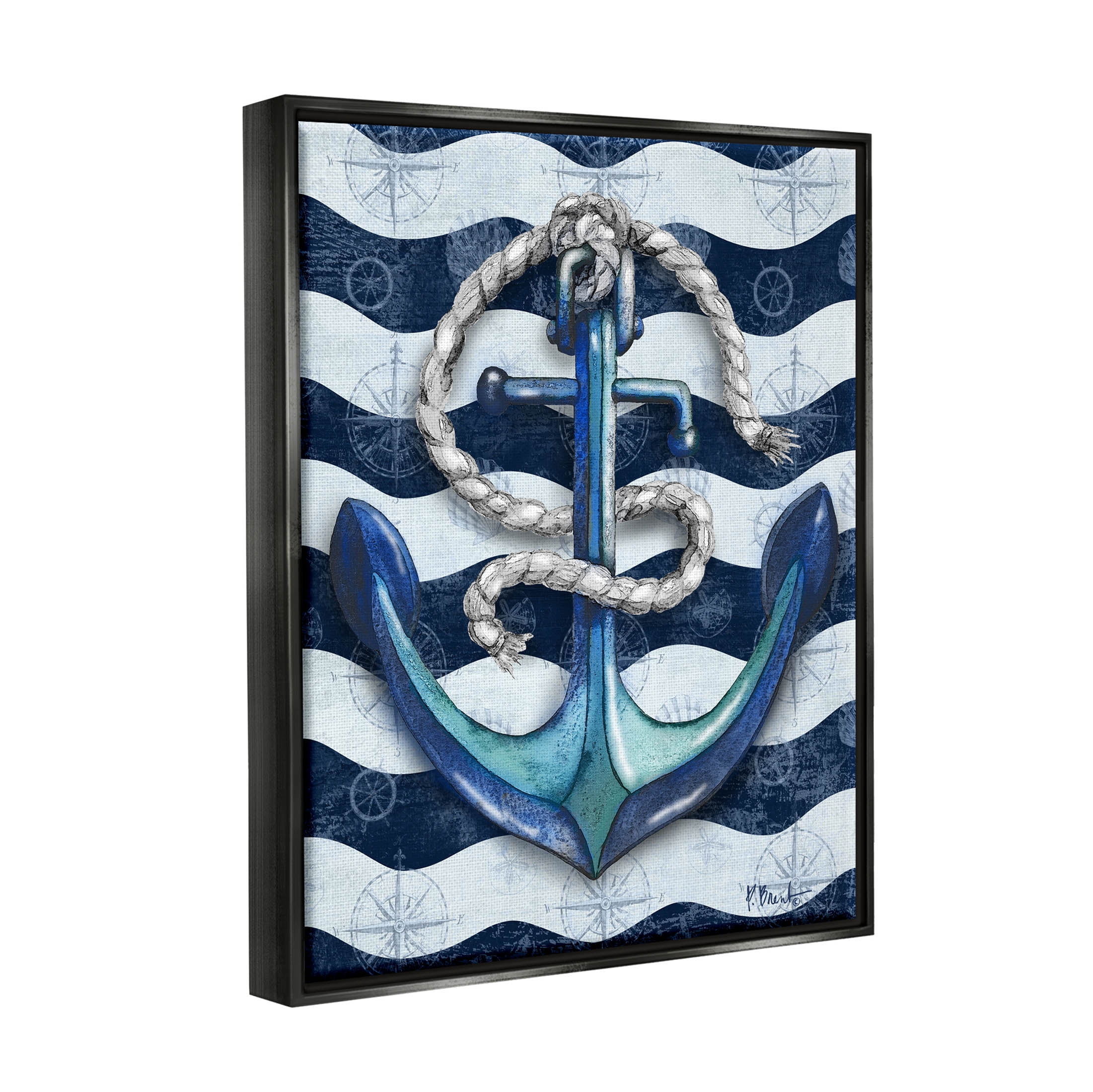 Stupell Industries Nautical Anchor Wavy Navy Stripes Graphic Art Jet Black Floating Framed Canvas Print Wall Art, Design by Paul Brent