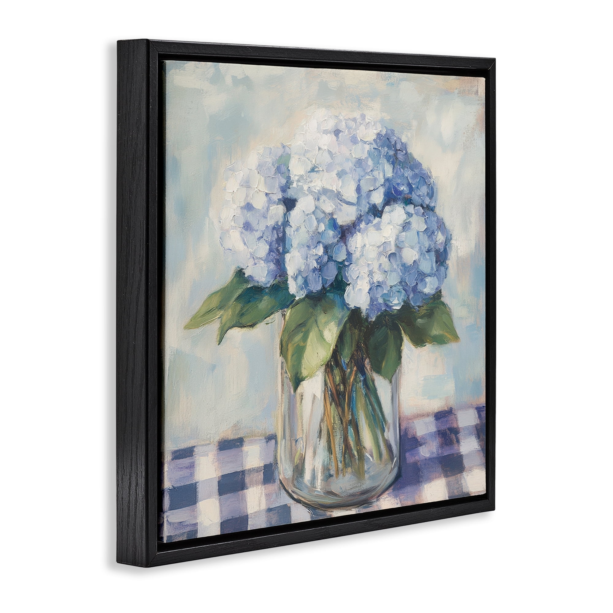 Stupell Industries Hydrangeas on Gingham Tablecloth Black Framed Floater Canvas Wall Art, design by Petal Prints Design