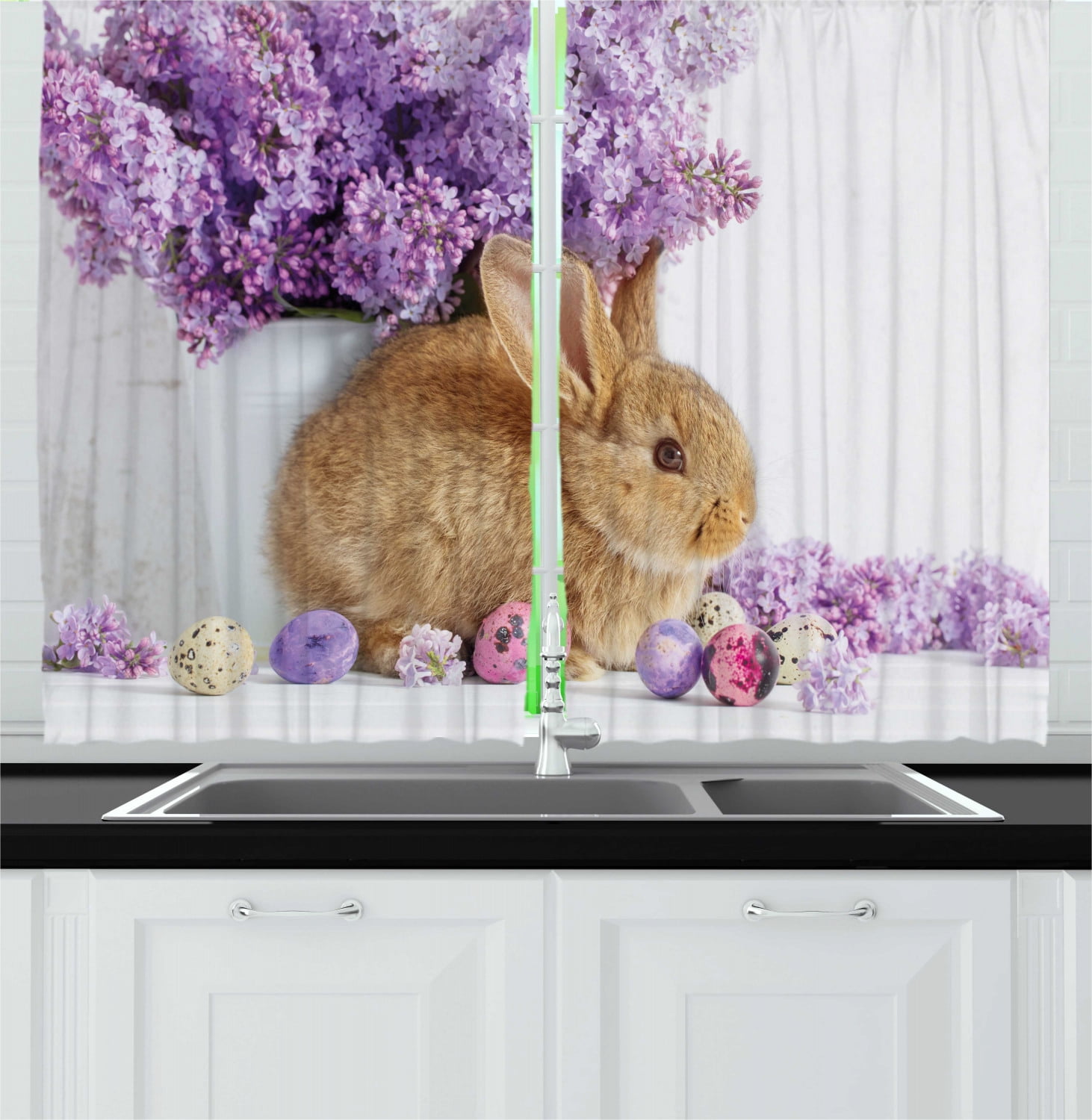 Easter Bunny Curtains 2 Panels Set, Photo of Beautiful Rabbit with