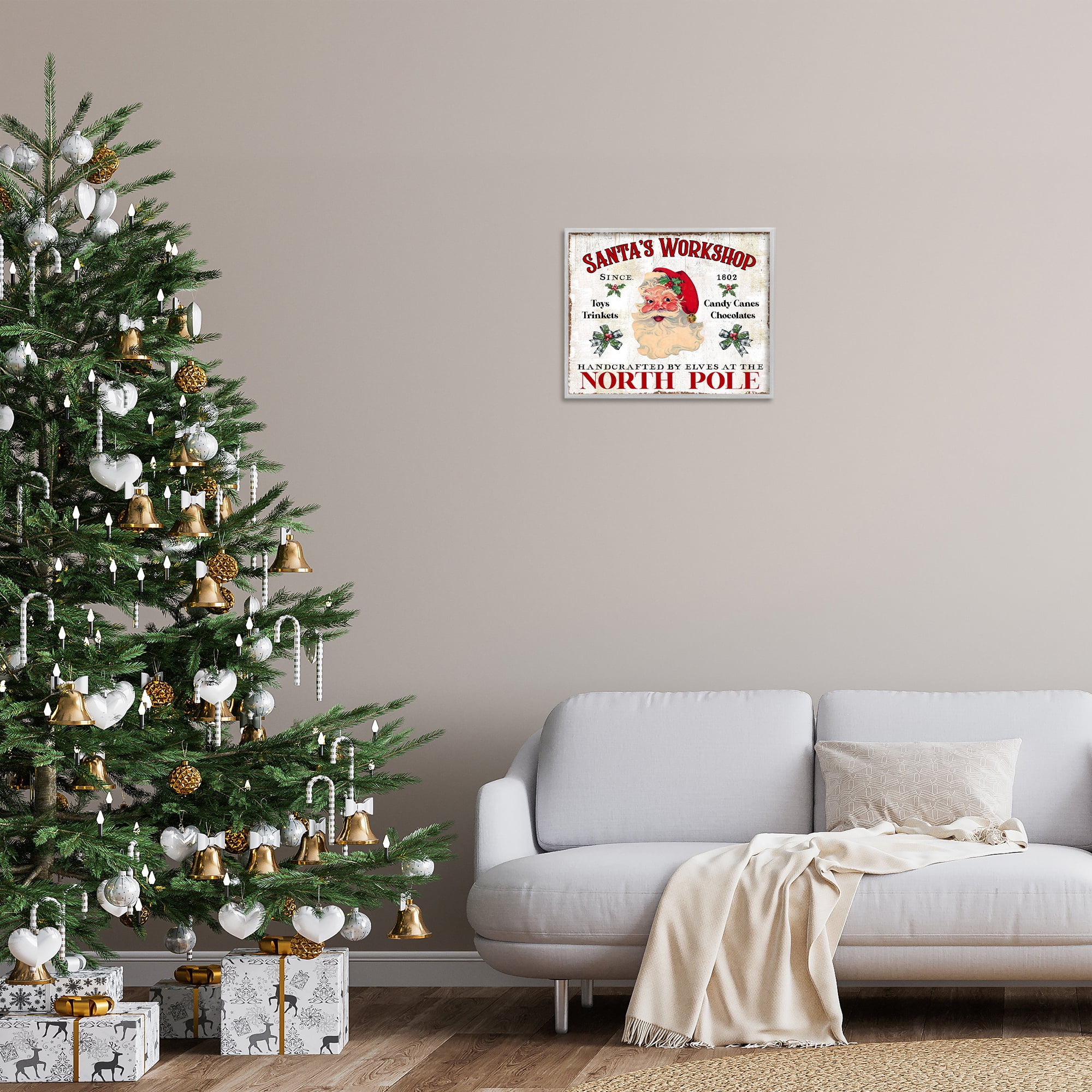 Stupell Industries North Pole Santa's Workshop Holiday Painting Gray Framed Art Prints Wall Art, 20 x 16