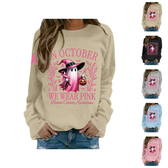 In October We Wear Pink Halloween Sweatshirts for Women Cancer Awareness Ghost Graphic Crewneck Sweatshirt