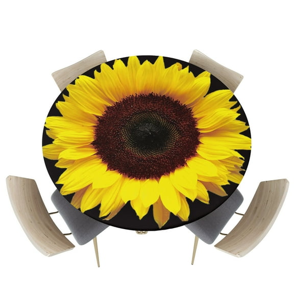 Fitted Round Tablecloths Table Covers 55-60in,Farmhouse Blossom Sunflower Close-up Waterproof Elastic Edged Table Cloth for Kitchen Dining Holiday Party Tables Decor,Floral Meditation on Black