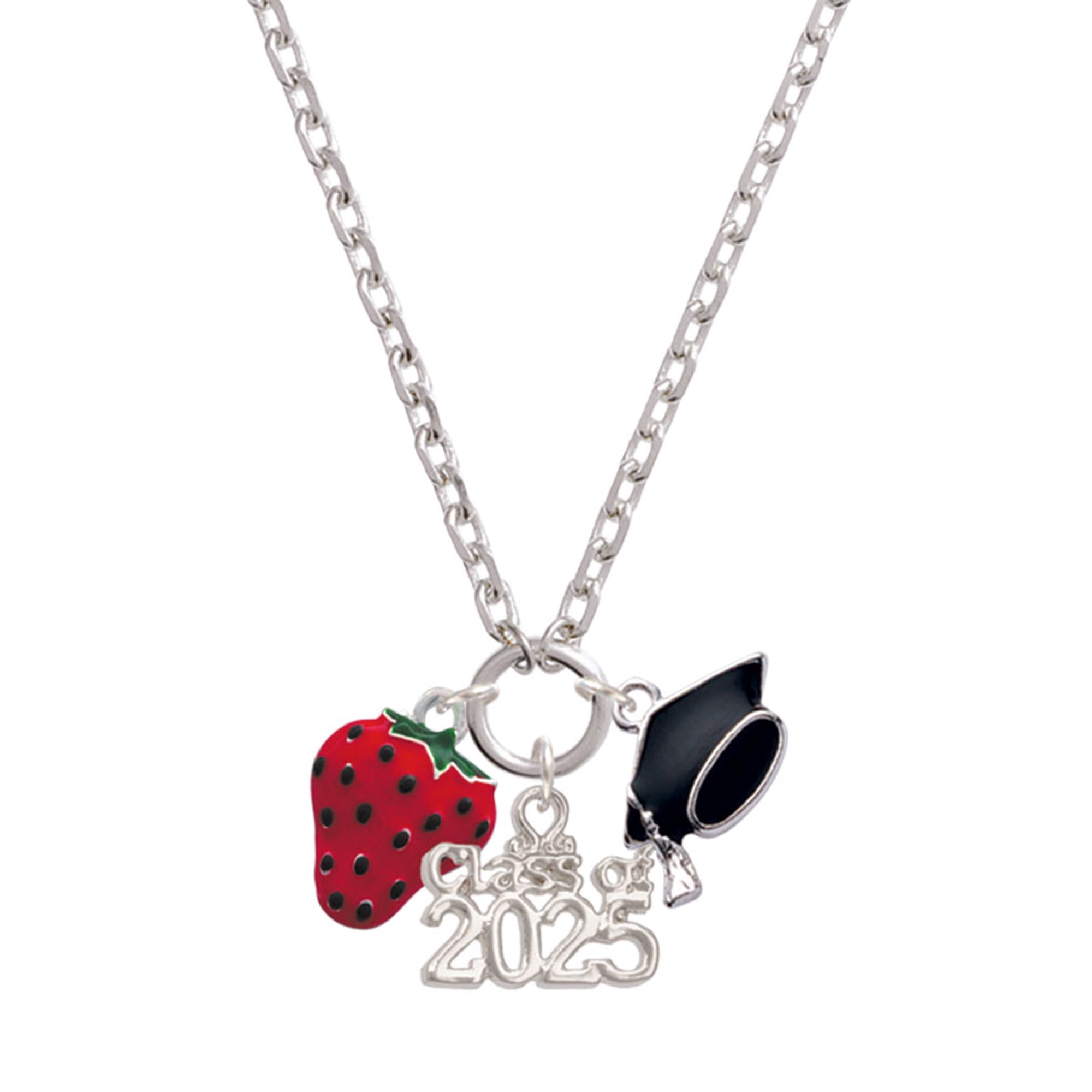 Delight Jewelry Silver-tone Large Enamel Strawberry - Silver-tone Class of 2025 Graduation Zoey Necklace, 28"