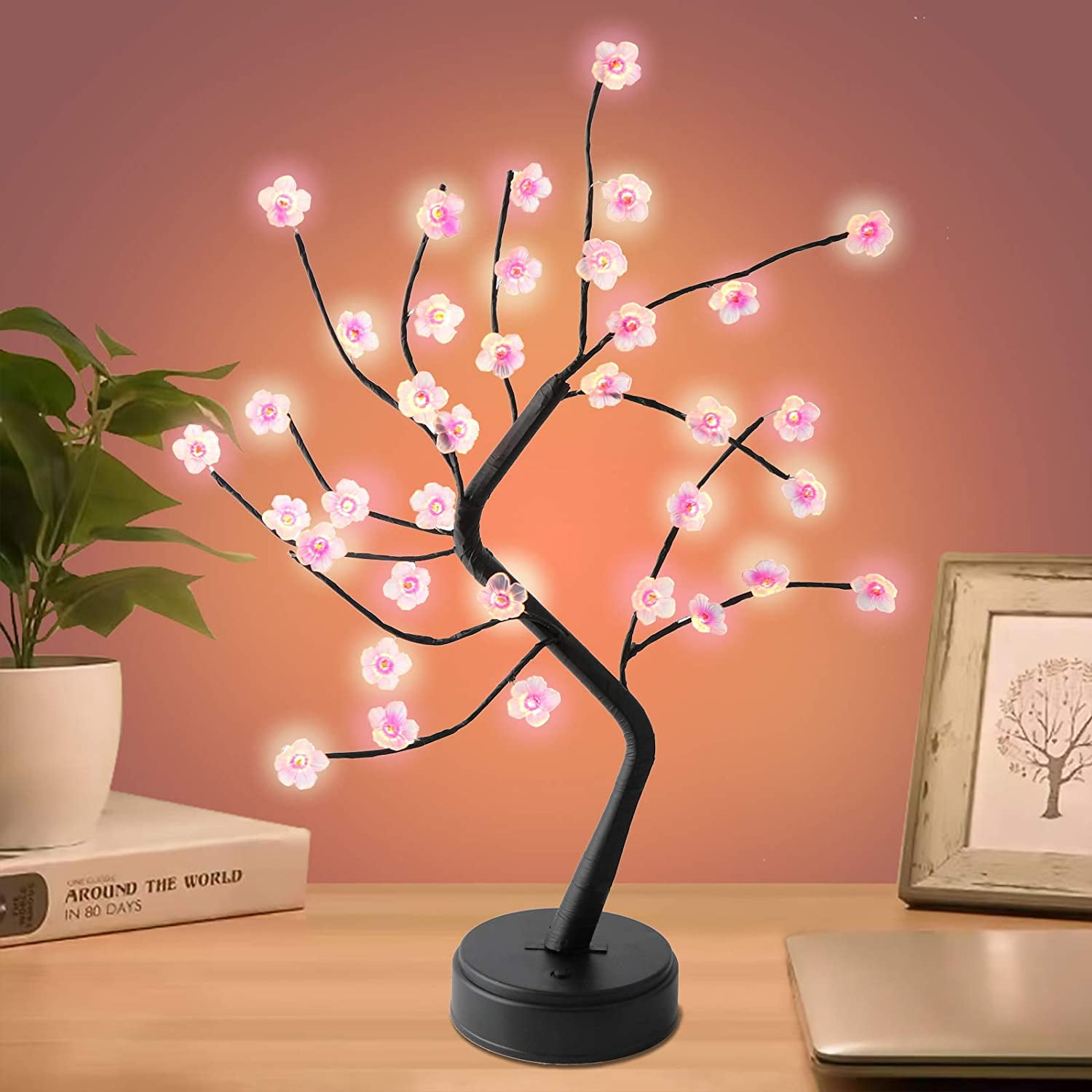 35 LED USB Cherry Blossom Tree Lamp RGB 16 Colors Changing Desk Bedroom Decor 