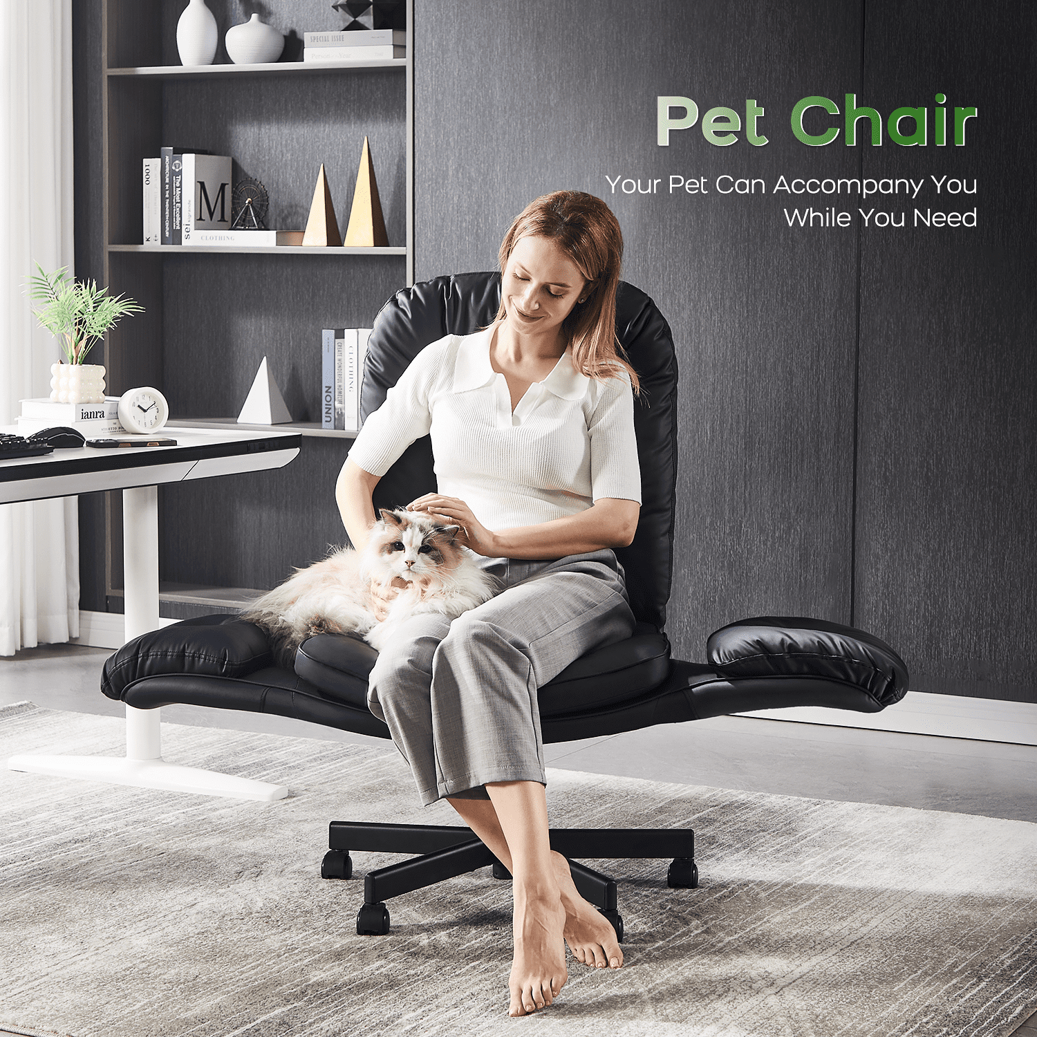 TMV PU Leather Office Chair Criss Cross Chair,Vanity Chair with Armrests & Wheels for Cross-Legged,Adjustable Swivel Desk Chair Wide Rolling Chair for Adults,Black