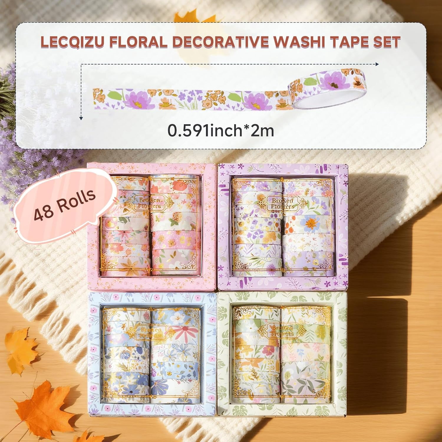 Floral gold foil decorative washi tape set, 48 rolls, multicolored handcrafted tape suitable for diaries, crafts, scrapbooking (pink + purple + green + blue)