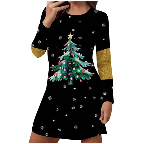 Wensltd Loose Fit Christmas Print Nightdress for Women Black Fashion Clothing Winter Soft Lightweight Sleepshirt