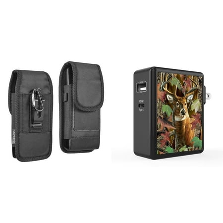 

Pouch and Wall Charger Bundle for iPhone 14 Plus: Vertical Rugged Nylon Belt Holster Case (Black) and 45W Dual USB Port PD Type-C and USB-A Power Adapter (Deer Hunter Camo)