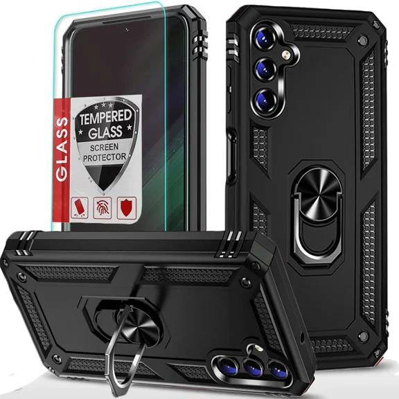 Starshop Samsung Galaxy S25 FE Case Phone Cover Shockproof Ring Stand Case With Glass Screen - Black