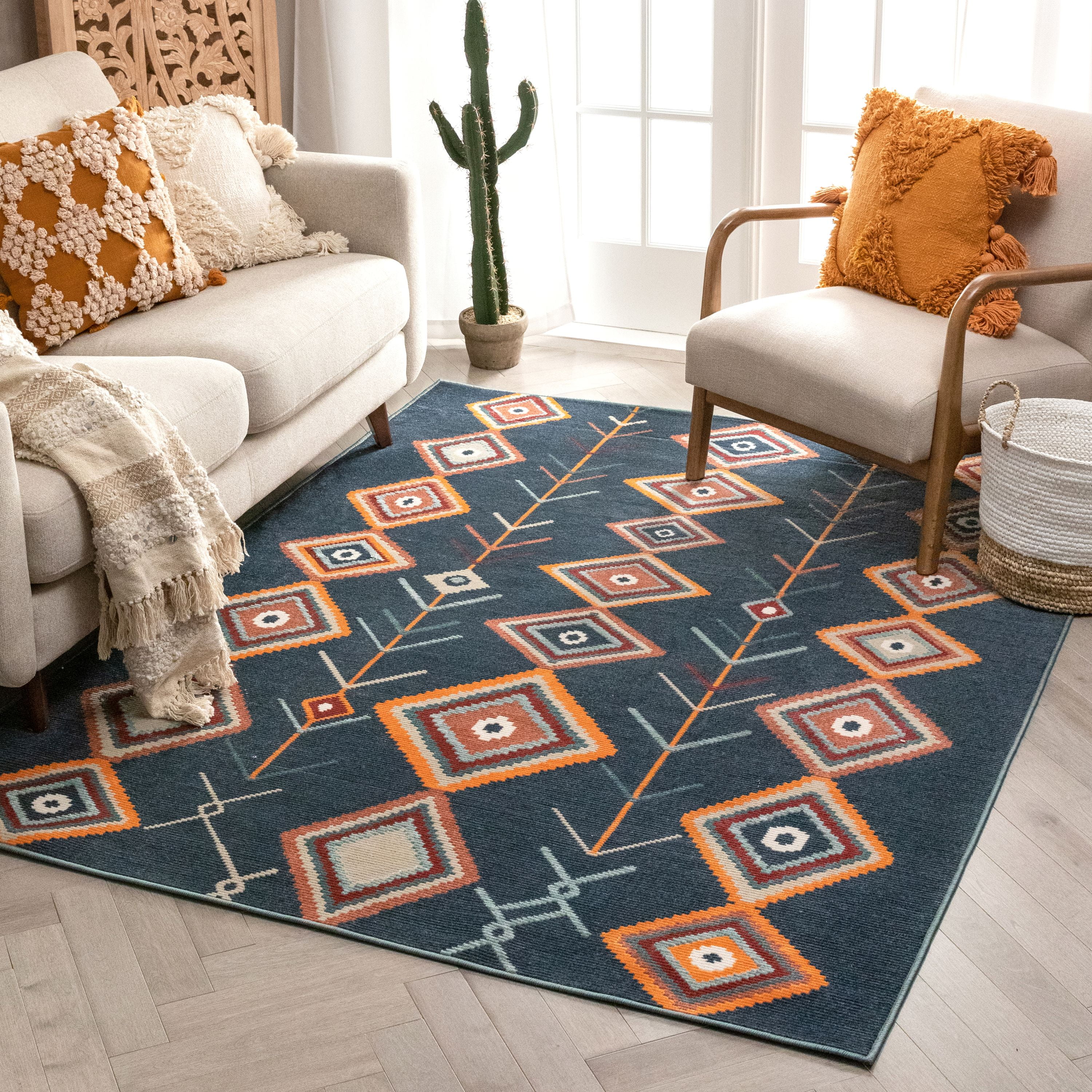 Well Woven Diego Blue Tribal Diamond Medallion Pattern Area Rug 5x7 (5