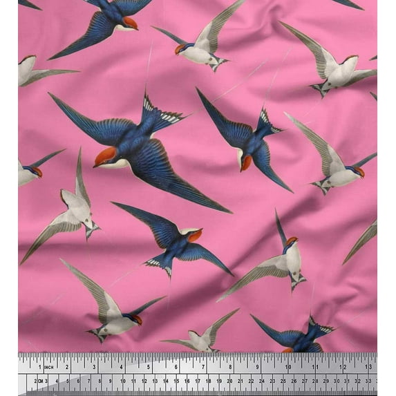 Soimoi Pink Satin Silk Fabric Flying Woodpecker Bird Print Fabric by the Yard 42 Inch Wide