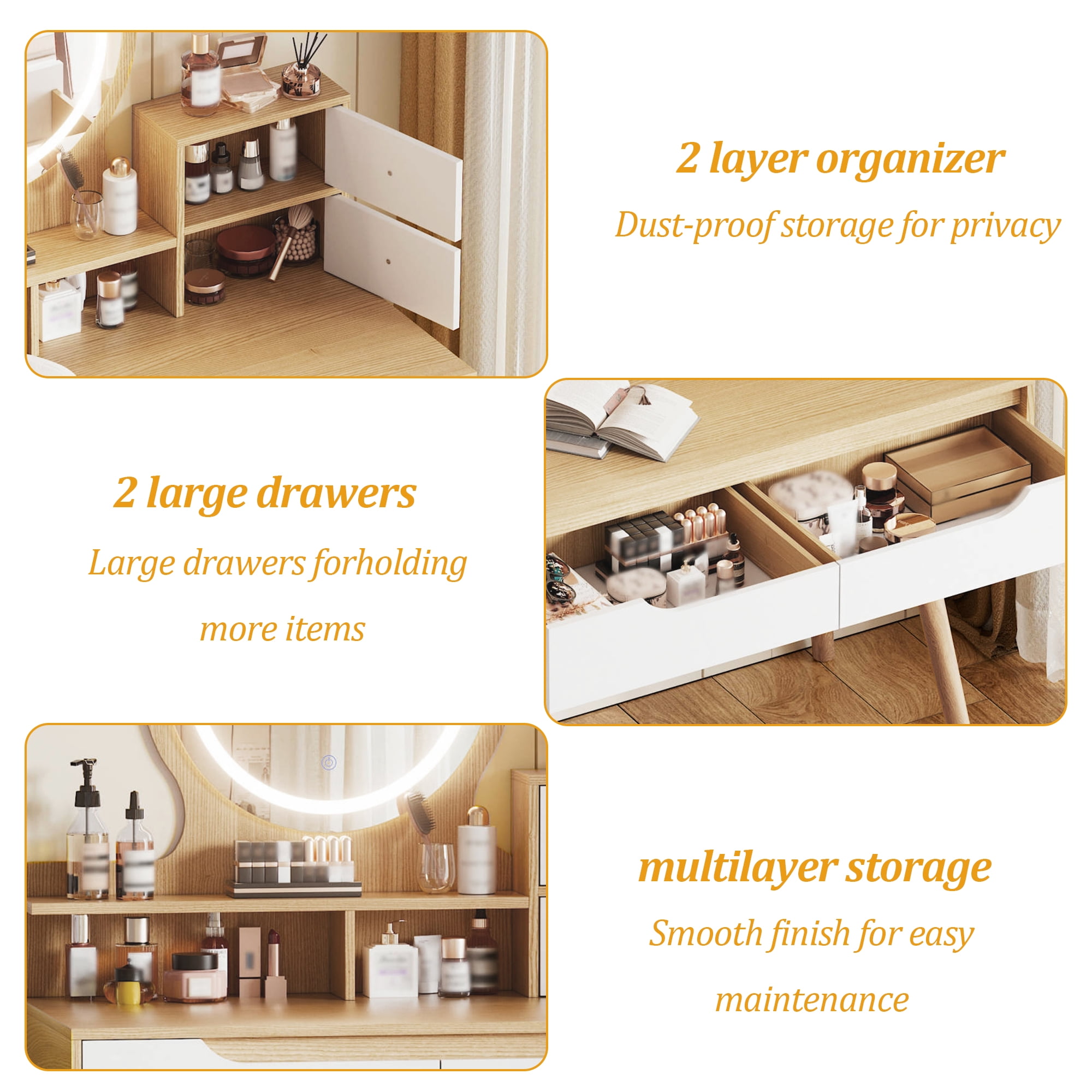 Montary Vanity Desk w/ 3 Modes LED Mirror & Solid Wood Legs | 4 Drawers + 3 Shelves | Small Space Bedroom Set