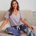 thumbnail image 2 of Pijama informal de seda de algodón con contraste de color de verano para mujer, traje fino, ropa para el hogar de color sólido y flores múltiples, 2 of 5