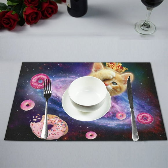 BSDHOME Space Galaxy Qween Cat Play Game with her Donuts Kitchen Table Mat Placemats for Dining Table 12x18 inches