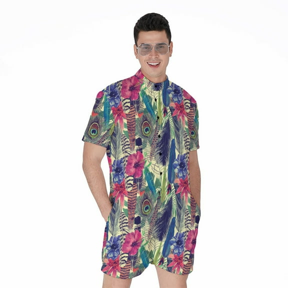 Vintage Watercolor Feather Short Sleeve Men'S Rompers Casual Summer Jumpsuits Outfit