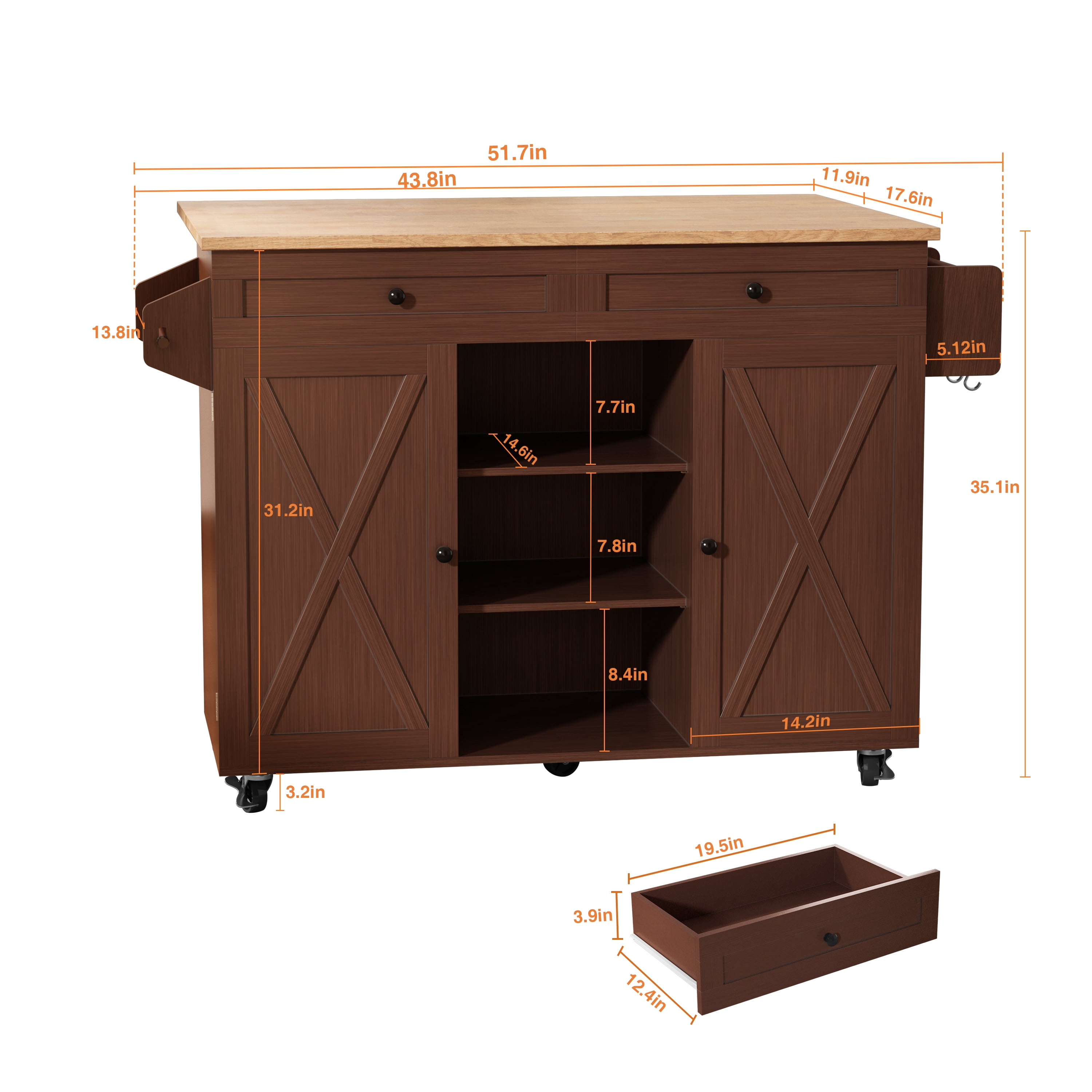 HLR 51.7" W Rolling Kitchen Island on Wheels, Adjustable Shelves, Breakfast Bar with Storage, Brown