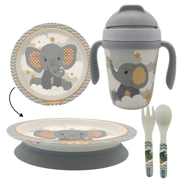 Primo Passi Bamboo Toddler Feeding Set with Suction Plate, Cup, Fork & Spoon, Little Elephant
