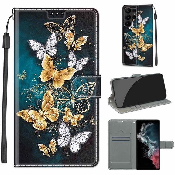 Feishell Wallet Case for Samsung Galaxy S23 Ultra 6.8 inch,Shockproof Stylish Pattern PU Leather Magnetic Clasp Folio Flip Holder Card Slots Slim Phone Cover with Wrist Strap,Gold&Silver Butterfly