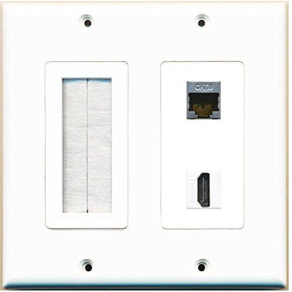 RiteAV (2 Gang Decorative Mesh-Brush HDMI Shielded Cat6 Wall Plate White