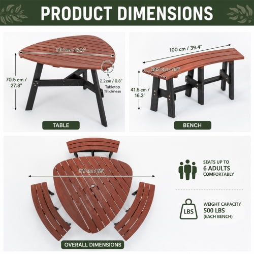 6-Person Semi-Circular Outdoor Picnic Table Set, Solid Fir Wood Dining Table with 3 Built-in Benches and Center Umbrella Hole, Rustic Brown Tabletop & Black Legs