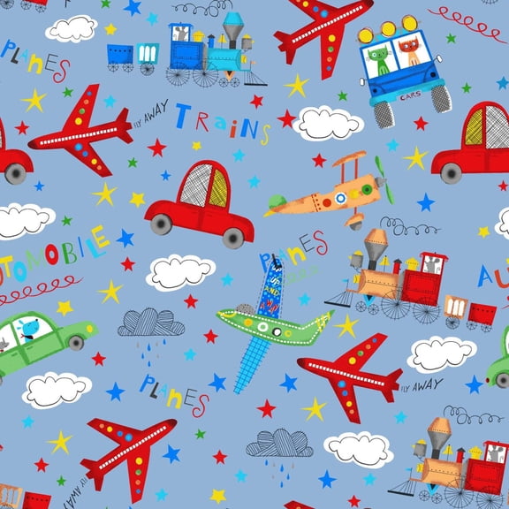 Fun Flannel Planes, Trains Automobiles Blue
