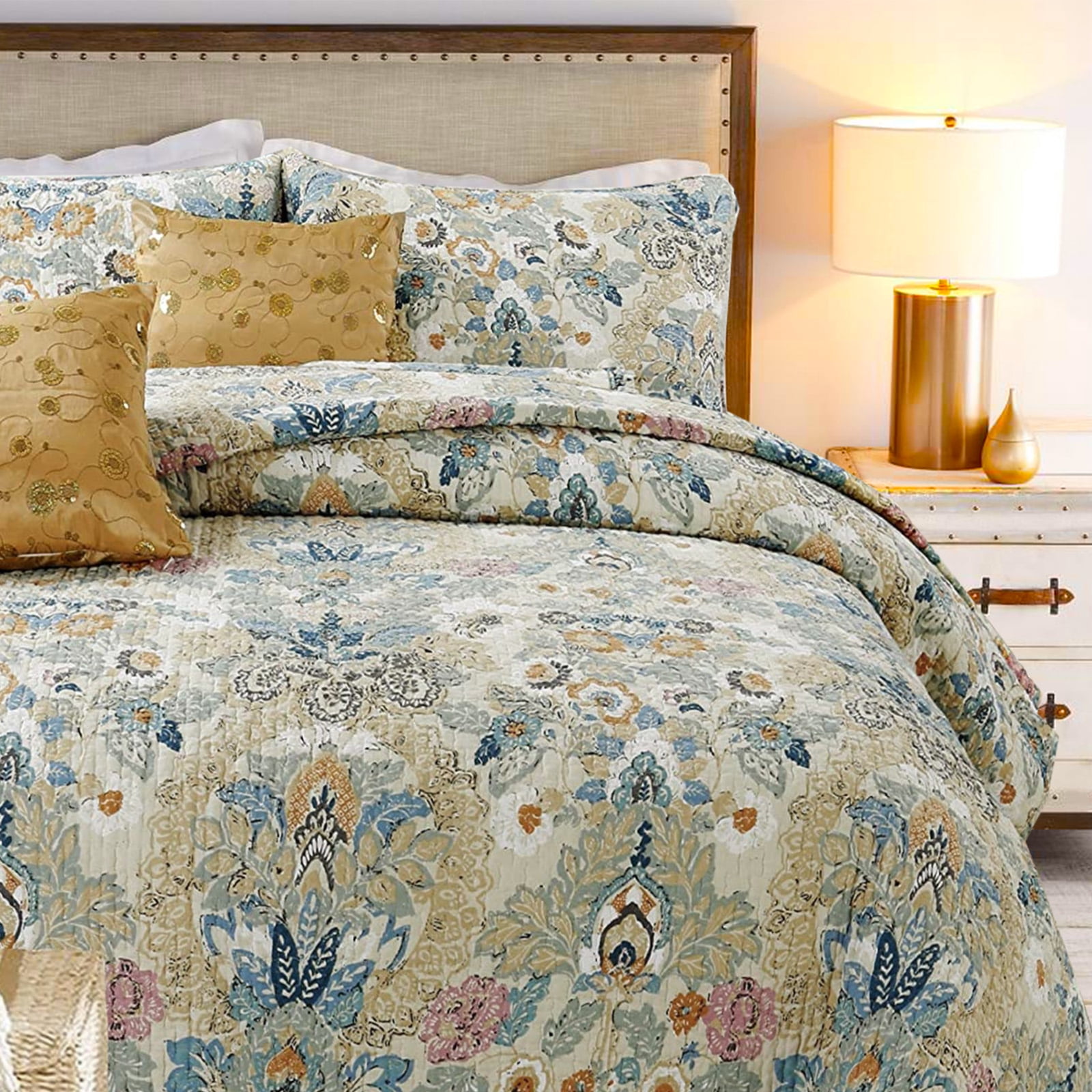 Cozy Line Home Fashions Luxury Classic Floral Bohemian Style 3-Piece 100% Cotton Reversible Quilt Set, King Set