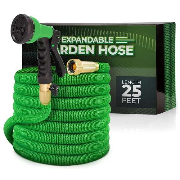 Toytexx 25FT Expandable Garden Hose with 8-Function Nozzle, Brass Fittings, Anti-Kink, 3/4", Green