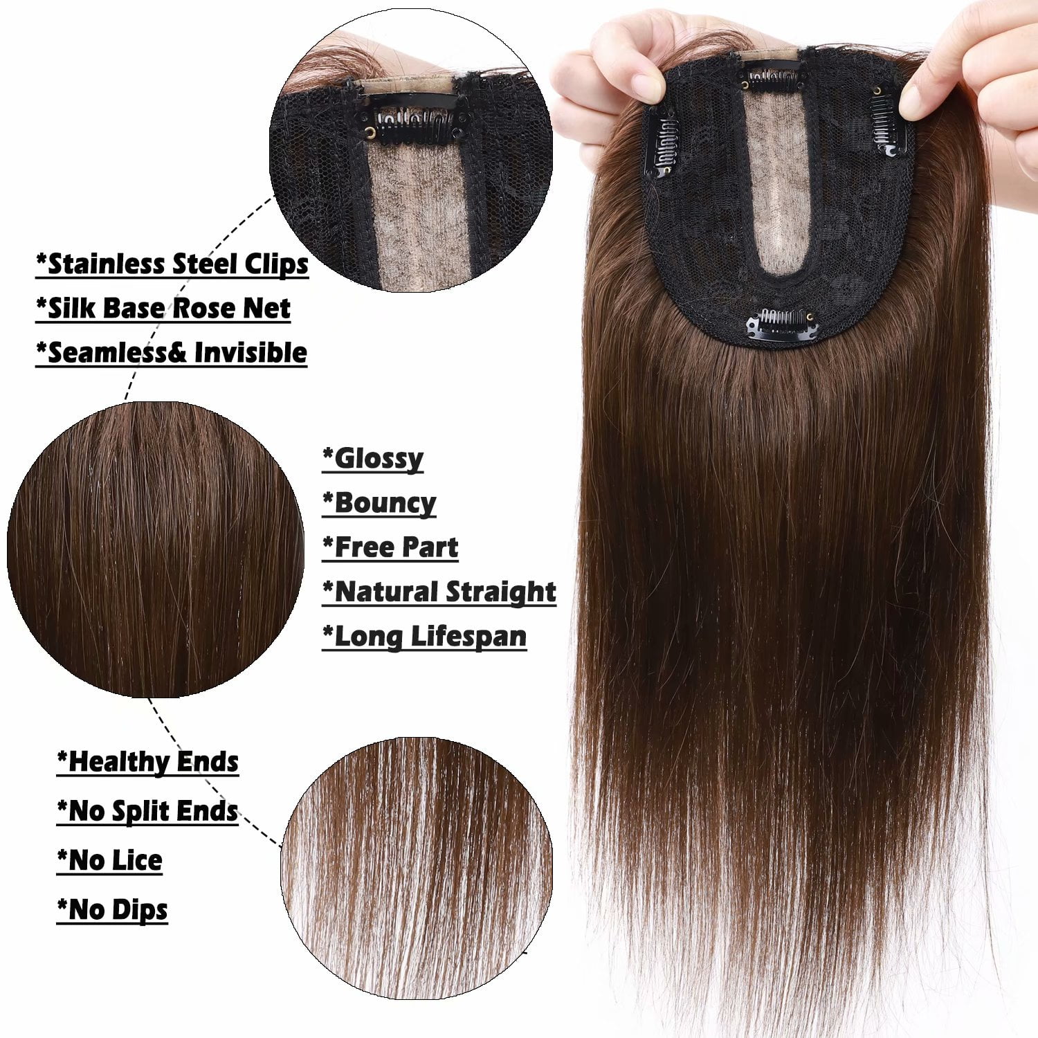 Benehair 100% Human Hair Extensions Clip In Topper Toupee Hairpiece Silk  Base for Women Remy Hair 6"-14" Brown US - Walmart.com