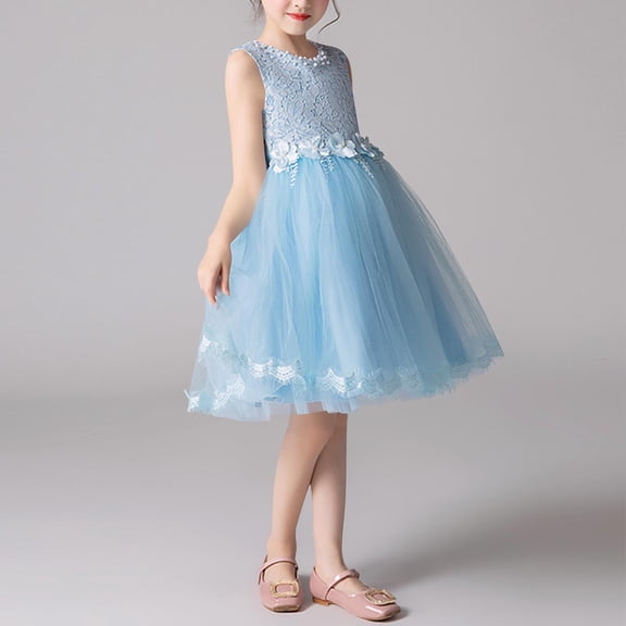 Girls' Summer Short Sleeve Dress with Ruffled Lace Embroidery and Bow Detail