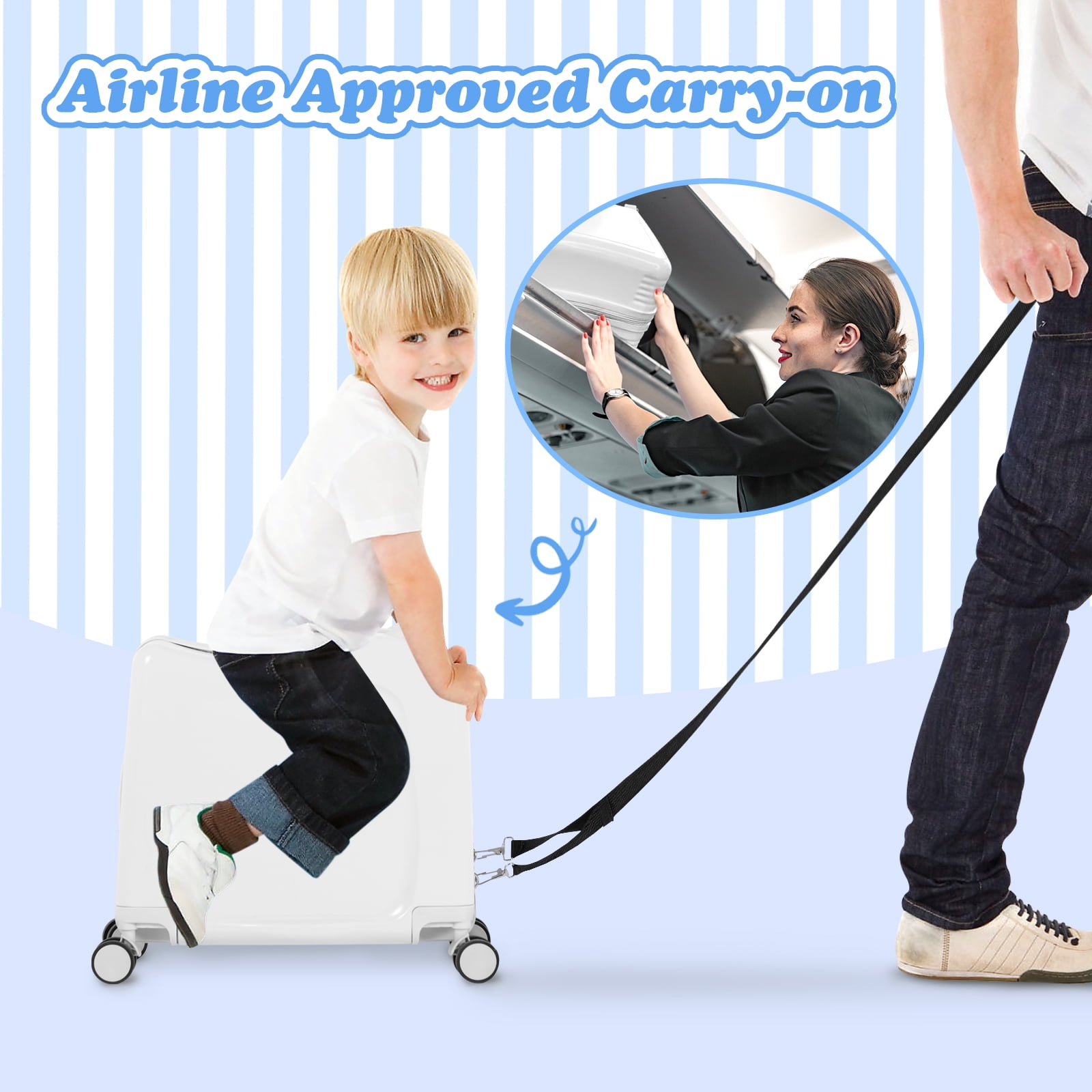Advwin 20" Ride on Hardshell Suitcase with Spinner Wheels for Kids, Lightweight Trolley Luggage with Carry Strap, Carry on Travel Luggage with Lock, White
