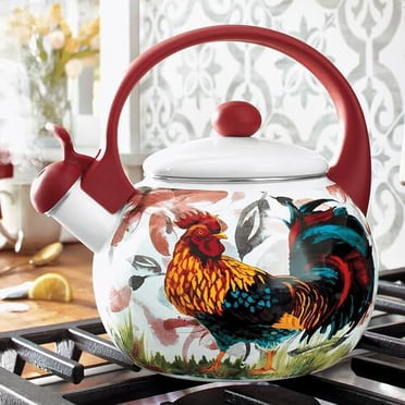 Montgomery Ward Red Rooster Whistling Tea Kettle - 1.7-qt. Capacity, Detailed Decal, Enameled, Hand Wash - 9"W x 8.25"H x 7.25"D