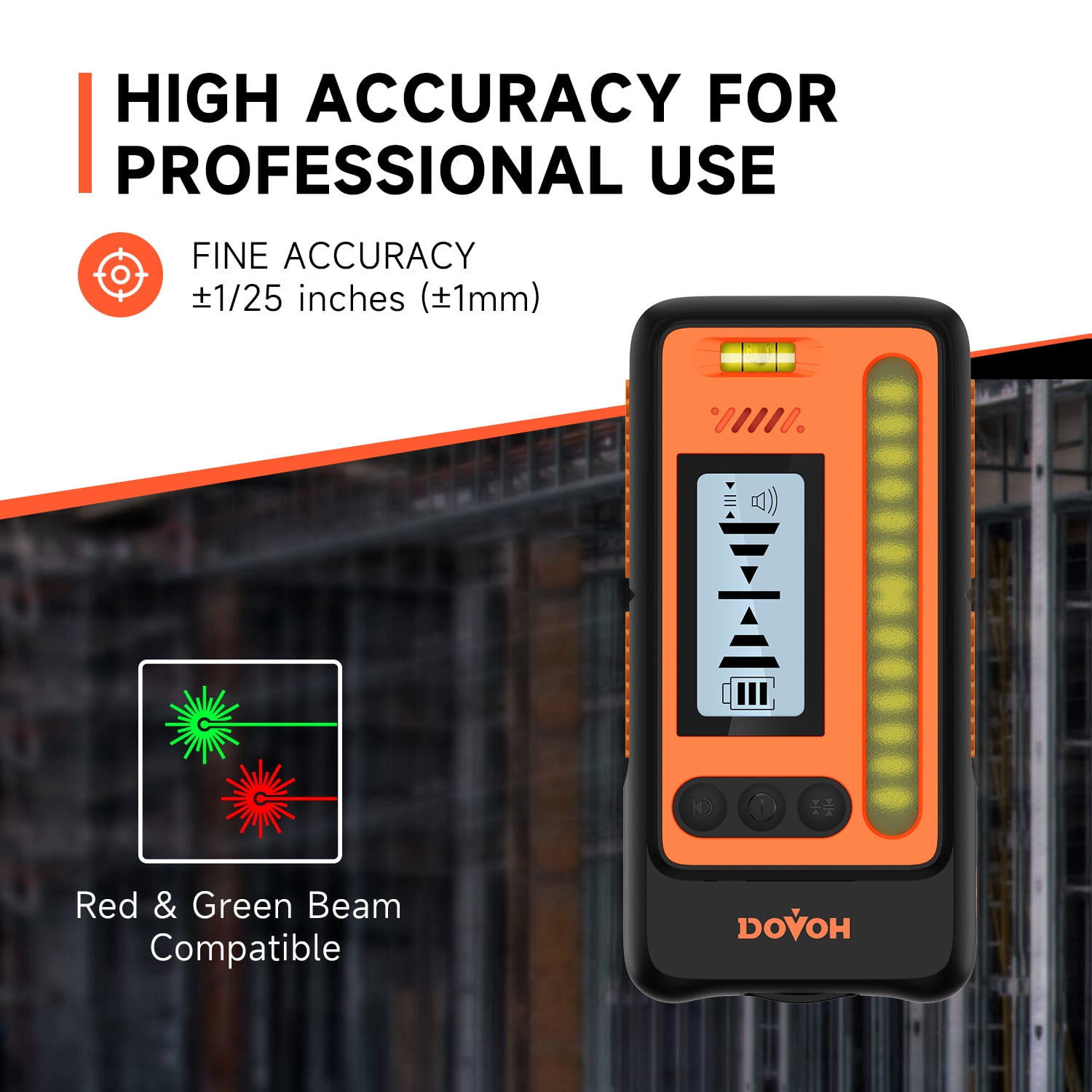 DOVOH High Accuracy Laser Level Receiver : Dual LCD Display, Loud Speaker, 197 ft in Sunlight, IP54 Shock Resistant, DR1