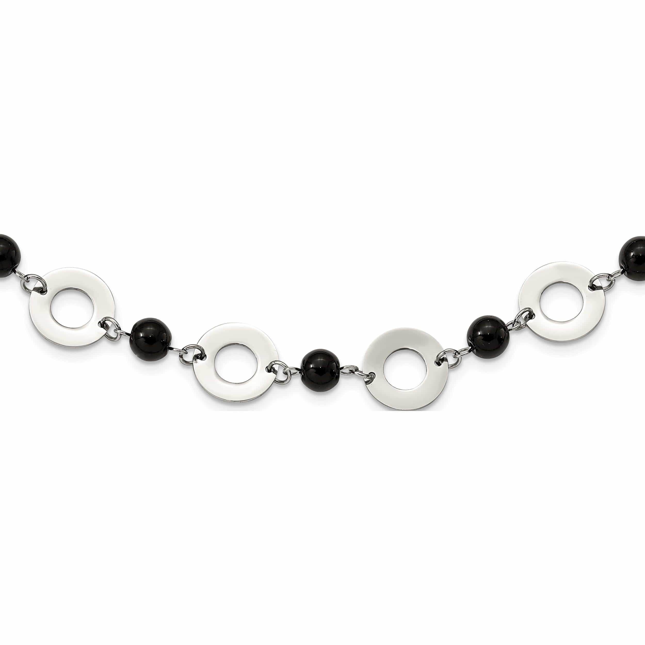 Stainless Steel Polished With Black Agate 1.5In Ext Leather Cord Necklace Made In China -Jewelry By Sweet Pea