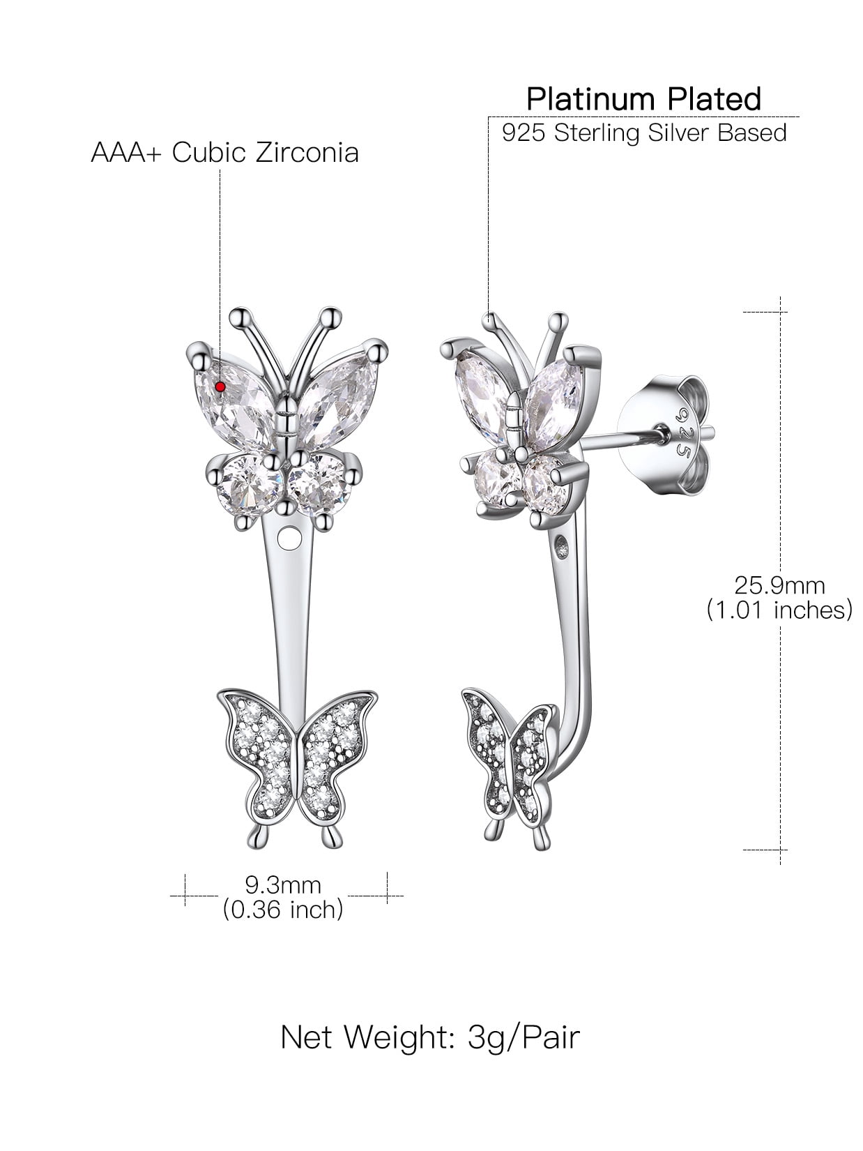 Suplight 925 Sterling Silver White Zirconia EarringsJacket Butterfly Stud Earrings for Women