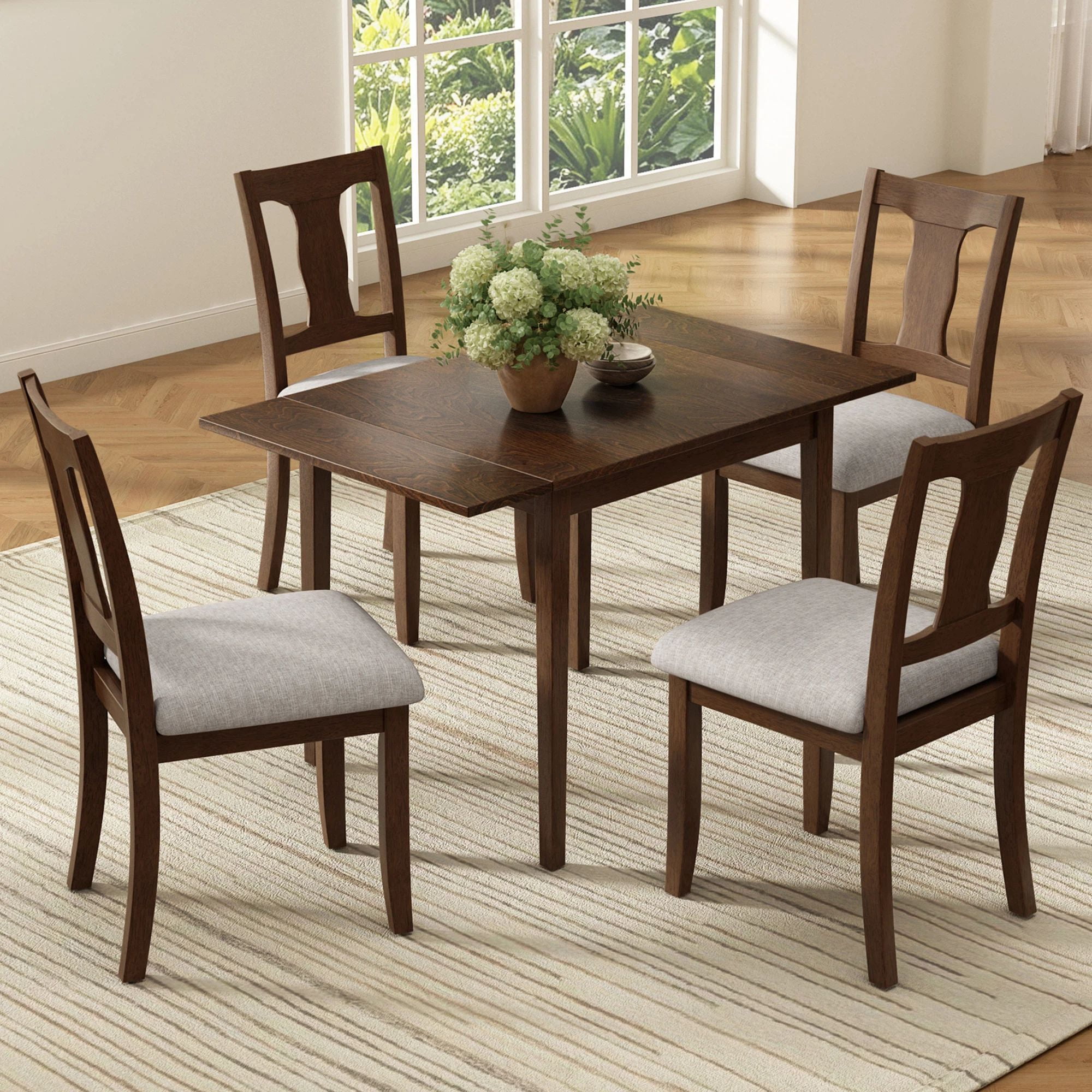 Euroco 5-Piece Dining Table Set for 4, 45.67" Extendable Kitchen Table Set with Drop Leaf and 4 Upholstered Chairs,Dining Room Set for Small Space,Brown