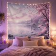 thumbnail image 2 of Cherry Blossom Tree Over Coastal Cottage at Twilight, Dreamy Japanese Inspired for Nature Lovers, Floral Landscape Art, Housewarming Gift, Tapestry Wall Hanging for Bedroom and Living Room, 2 of 7