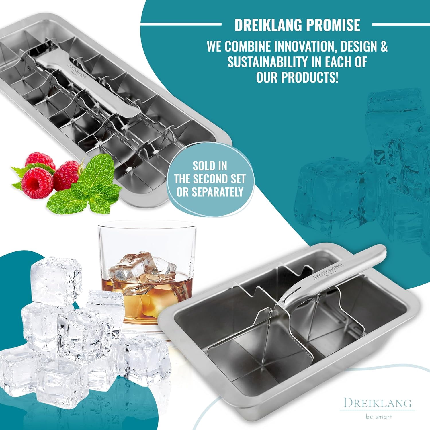 Stainless Steel Polished Set 2-Pack Ice Cube Tray for Freezer with Lever Insert | Easy Release Cold-Insulated Grip | Food-Safe  Ice Maker